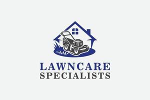 lawncare specialists, lawn mower vector logo with house in the background