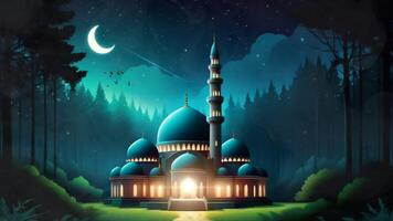 AI generated Islamic animation of beautiful night mosque building and beautiful trees background in 3D illustration style. seamless looping video animated background