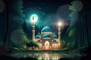 AI generated Islamic animation of beautiful night mosque building and beautiful trees background in 3D illustration style. seamless looping video animated background