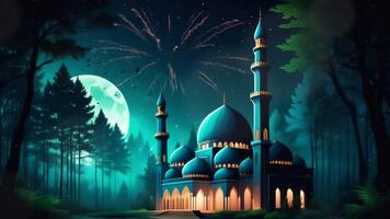 AI generated Islamic animation of beautiful night mosque building and beautiful trees background in 3D illustration style. seamless looping video animated background