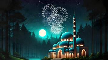 AI generated Islamic animation of beautiful night mosque building and beautiful trees background in 3D illustration style. seamless looping video animated background