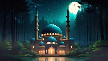 AI generated Islamic animation of beautiful night mosque building and beautiful trees background in 3D illustration style. seamless looping video animated background