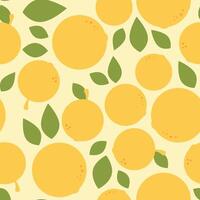 sin costura modelo de naranjas con verde hojas en un amarillo antecedentes vector
