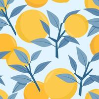 Seamless pattern of juicy oranges and blue branches with leaves vector