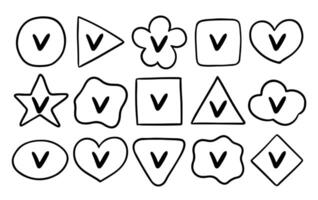 Doodle mark set for bullet journal. Diary note elements with checkboxes in the shape of circle, flower, heart, star, heart, square, rhomb, cloud. Hand drawn icons for weekly planner, notebook vector