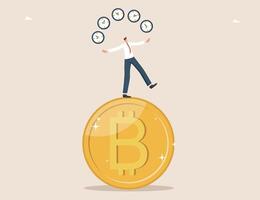 Man juggles clock while standing on bitcoin vector