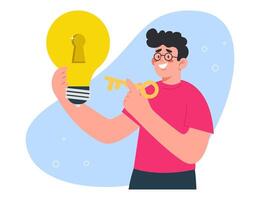 Man holds key and light bulb with keyhole vector