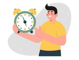 hombre sostiene reloj vector