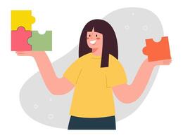 Woman putting together puzzles vector