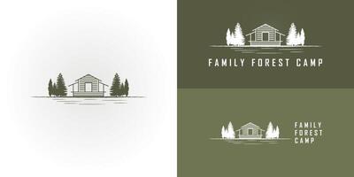 A house in the wood on the lake or cabin rent logo inspired by an illustration of a line art cabin in the forest with pine trees presented with multiple background colors. Forest Cabin Logo Design vector