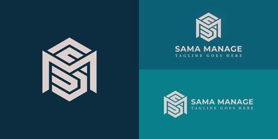 Hexagon SM or MS letter logo design in white color isolated on a multiple blue background. Letter SM or MS in white color applied for business management company logo design inspiration template vector