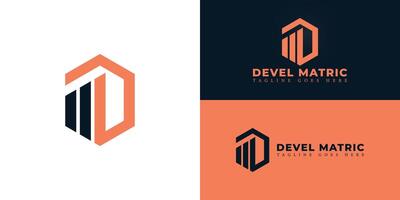 Abstract initial letter DM or MD in orange and deep blue color presented with multiple background colors. The logo is suitable for business and technology company logo design inspiration template vector