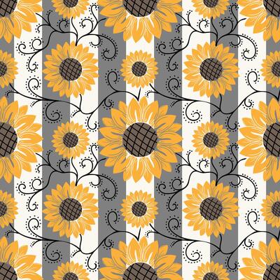Seamless pattern with yellow sunflowers in srtiped background
