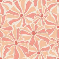 Seamless pattern with cute retro groovy flowers in peach fuzz colors vector