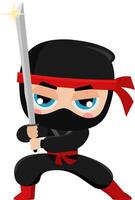 Cute Ninja Boy Warrior Cartoon Character With Katana Sword. Ready To Fight vector