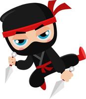 linda ninja chico guerrero dibujos animados personaje saltando con dos kunai lanzamiento cuchillos vector