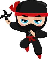 Cute Ninja Boy Warrior Cartoon Character Jumping With Shuriken. Vector Illustration Flat Design