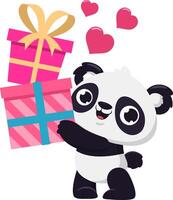 Cute Valentine Panda Bear Cartoon Character Holding Up Gift Boxes With Pink Hearts. Vector Illustration Flat Design