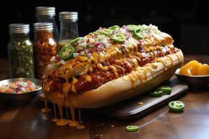 AI generated A cooked juicy Hot dog lies on the table on a dark background photo