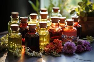 AI generated vials of essential oils and herbs on the table . The concept of health photo