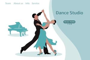 Elegant dancing couple and piano. Web banner, landing page for dance studio. Illustration, vector