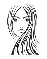 retrato de un hermosa mujer con largo cabello. negro y blanco silueta. belleza logo. Moda y belleza concepto. vector