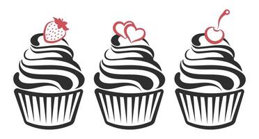 Set of linear cupcake silhouettes, line art, clipart isolated on white background. Sweet desserts. Food illustration, vector