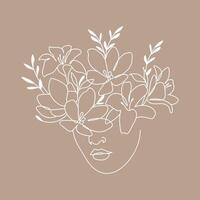 Portrait of a woman with flowers, line art. Contour illustration, sketch. Postcard, poster, vector