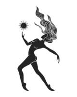Silhouette of a naked woman with a symbol of the sun on a white background, mystical poster. Wall art, wall decor. Vector