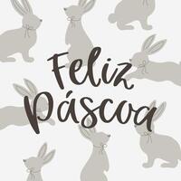 contento Pascua de Resurrección letras en portugués en un antecedentes con conejitos caligráfico inscripción. tarjeta postal, logo, tipográfico diseño, impresión. vector