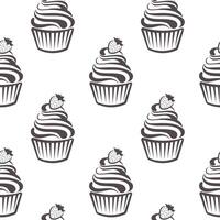 Seamless pattern, linear silhouettes of cupcakes, line art on a white background. Sweet desserts. Food background, vector