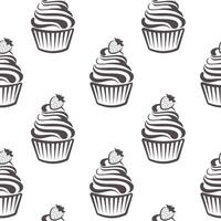 Seamless pattern, linear silhouettes of cupcakes, line art on a white background. Sweet desserts. Food background, vector