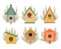 Set of cute birdhouses with branches of leaves. Spring icons in flat cartoon style. Spring holiday illustration. Vector