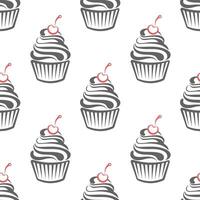 Seamless pattern, linear silhouettes of cupcakes, line art on a white background. Sweet desserts. Food background, vector