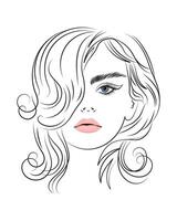 línea arte, contorno dibujo de un hermosa mujer con largo cabello. belleza logo. Moda y belleza concepto. vector