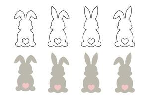 Set of cute Easter bunnies, contour and colored bunnies. Children's print, design elements. Vector