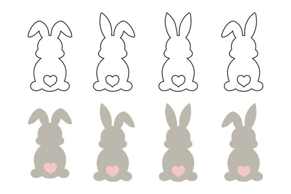 Set of cute Easter bunnies, contour and colored bunnies. Children's print, design elements. Vector
