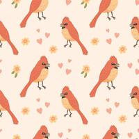 Seamless pattern with cute birds, hearts and flowers. Background, print. Vector illustration.