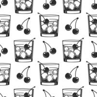 Seamless pattern, silhouettes of glasses with cocktail, olives and cherries. Splash of cocktails. Line art, vector