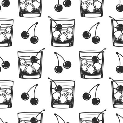 Seamless pattern, silhouettes of glasses with cocktail, olives and cherries. Splash of cocktails. Line art, vector