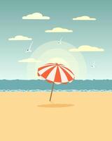 Seascape, colorful parasol on the sea beach. Summer illustration, vector
