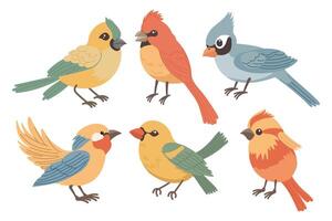 Set of cute bright birds. Set of various spring birds. Spring icons in flat cartoon style. Illustration in children's style. Vector