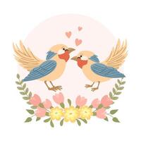 linda dibujos animados amor aves en un flor marco. diseño para saludo tarjeta, invitación tarjeta para boda, cumpleaños. vector