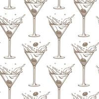 Seamless pattern, silhouettes of glasses with cocktail, olives and cherries. Splash of cocktails. Line art, vector