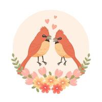 Cute cartoon love birds in a flower frame. Design for greeting card, invitation card for wedding, birthday. Vector