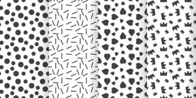 Set of simple seamless patterns with hearts and dots in gray and white colors. Vector