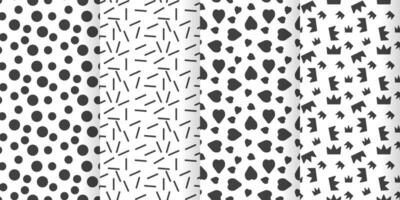 Set of simple seamless patterns with hearts and dots in gray and white colors. Vector