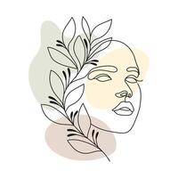 Portrait of a woman with flowers, line art. Contour illustration with the addition of colored spots. Postcard, poster, vector