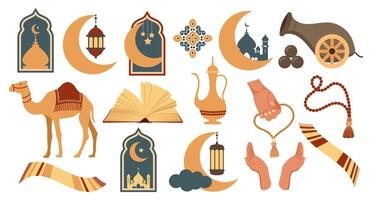 Set of icons of the Arabic Islamic holiday Ramadan. Set of icons of Islamic holiday, culture. Moon, camel, cannon, mosque, rosary, prayer book, lamp. Vector. vector