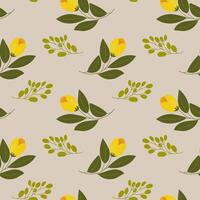 Seamless pattern, yellow tulip flowers and twigs with leaves on a light green background. Floral background, textile, vector. vector